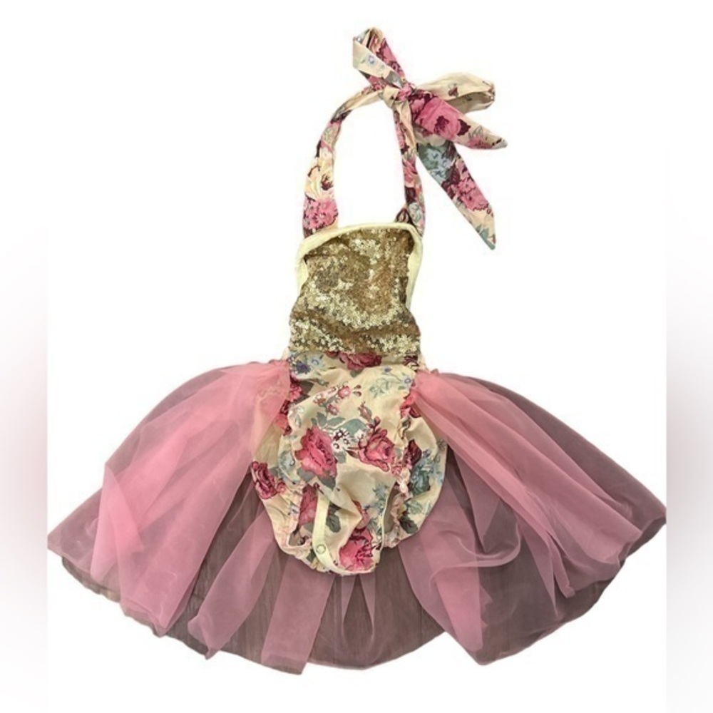 Toddler Girls Jamie Powell Designs Gold Sequin Floral Tulle Romper Dress Size2T